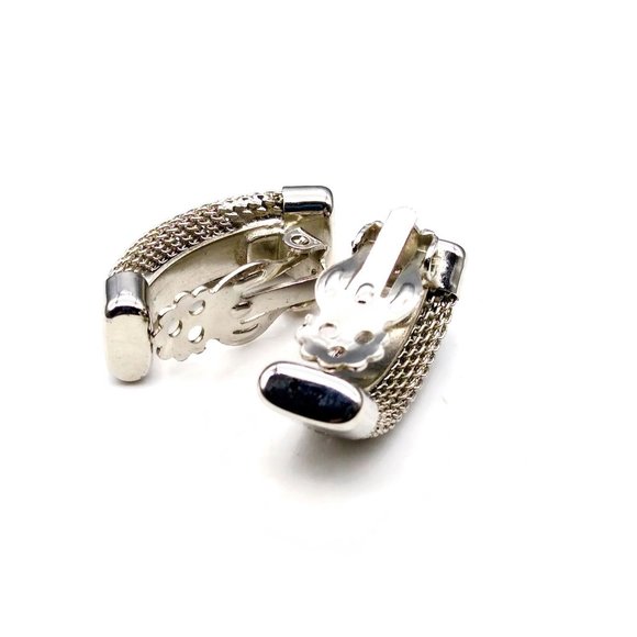 Vintage Mesh Half Hoop Earrings, Unique Crystal Channel Clip Ons in Silver Tone - Picture 3 of 3